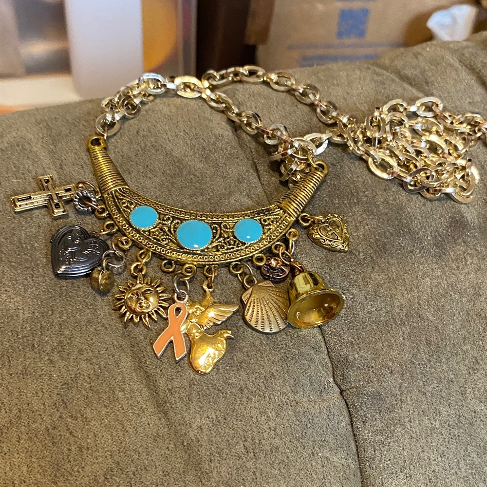 Gold Charm Necklace with Turquoise Accents